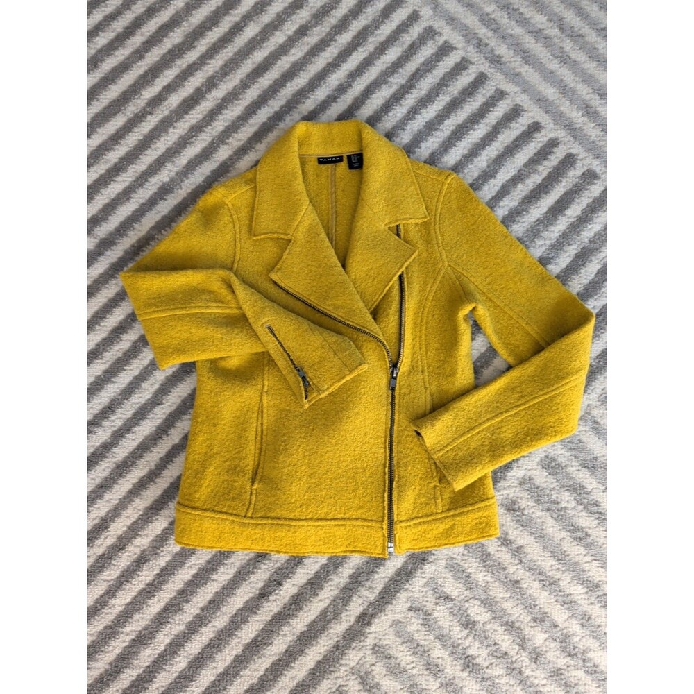 Tahari Chartreuse Green Wool Blend Moto Jacket Asymmetrical Full Zip Blazer